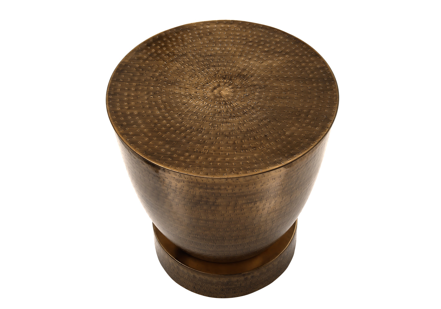 Hammered antique brass metal stool with textured top and cylindrical body