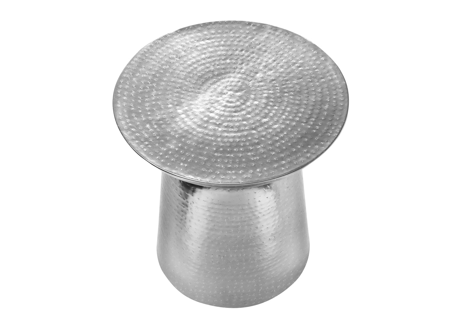 Hammered silver metal side table with circular top