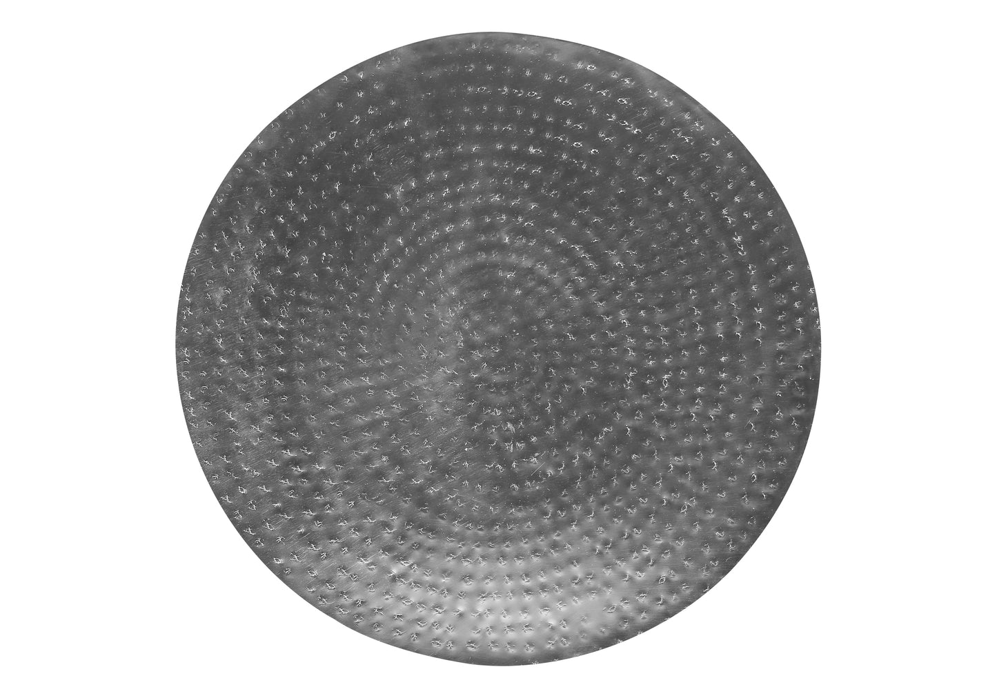 Round hammered metal tray with textured surface and subtle shine