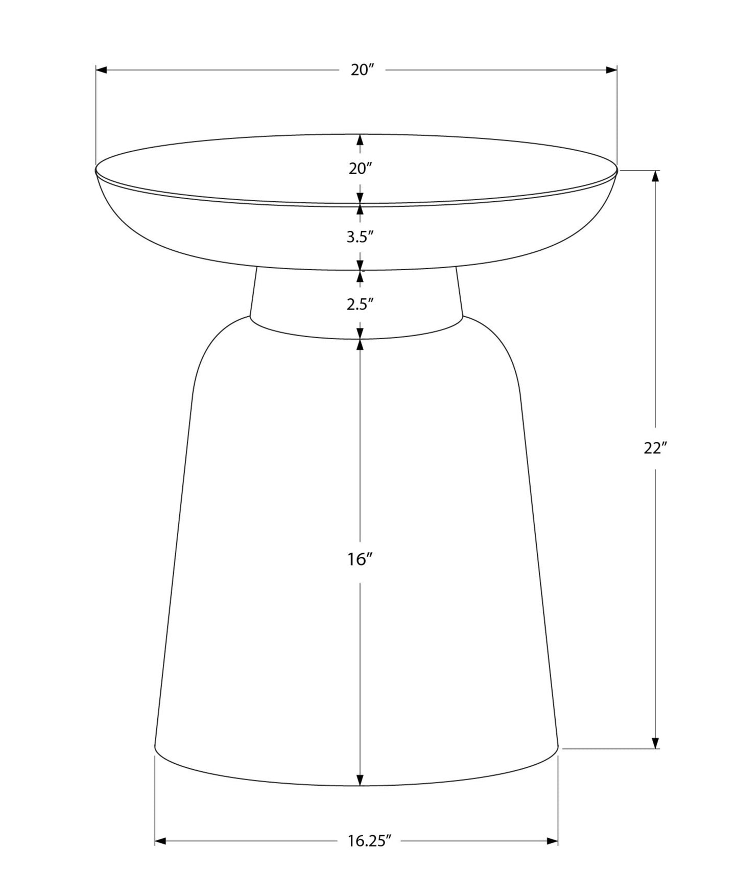 Line drawing of a modern accent table diameter top height