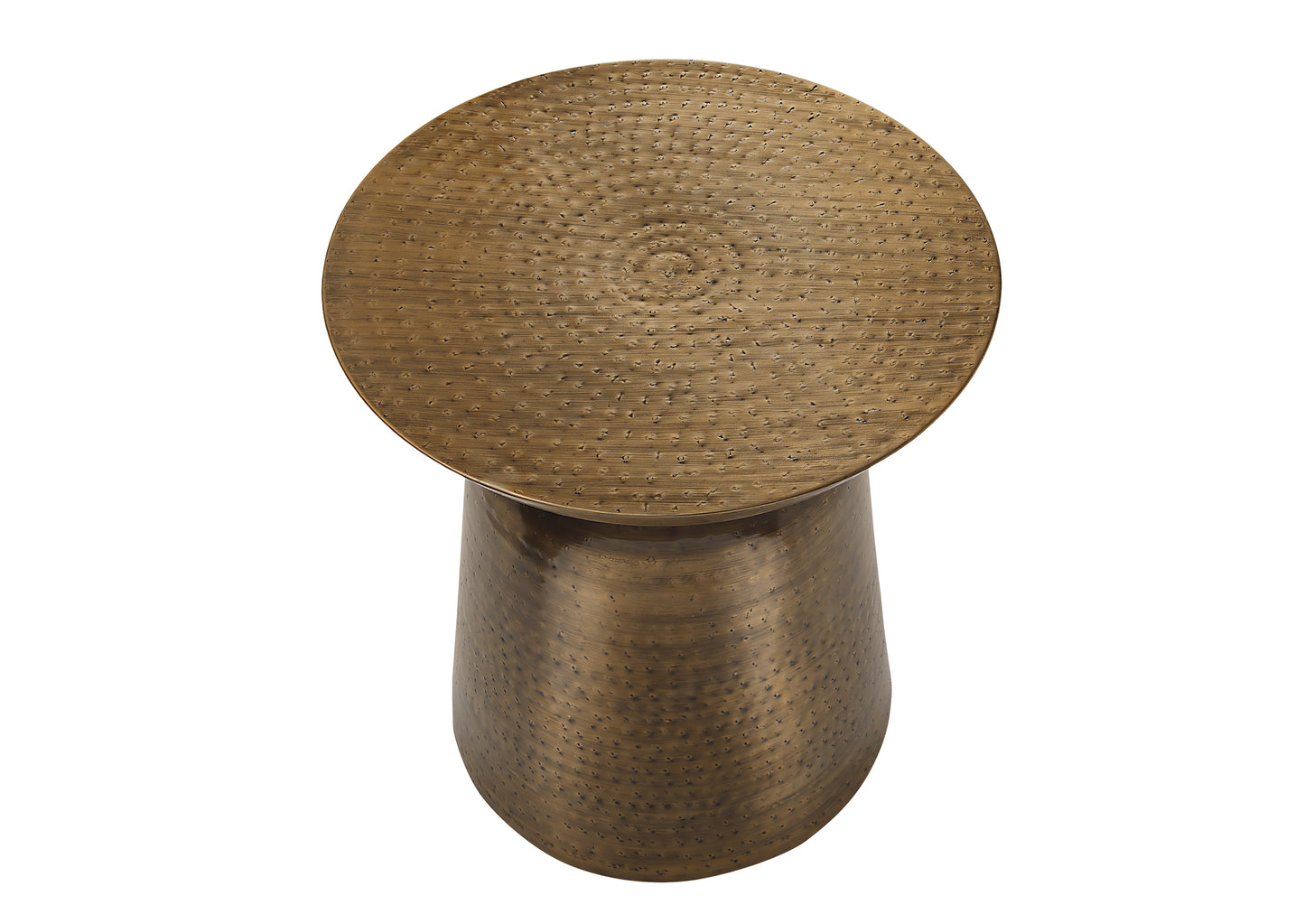 Round hammered brass side table with textured top and flared base
