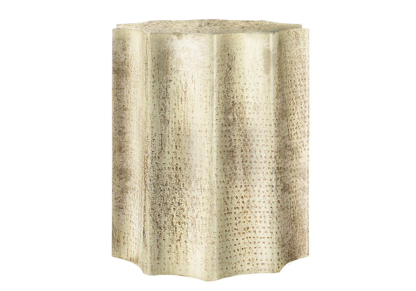 Textured beige pedestal with scalloped edges perfect accent table for any room
