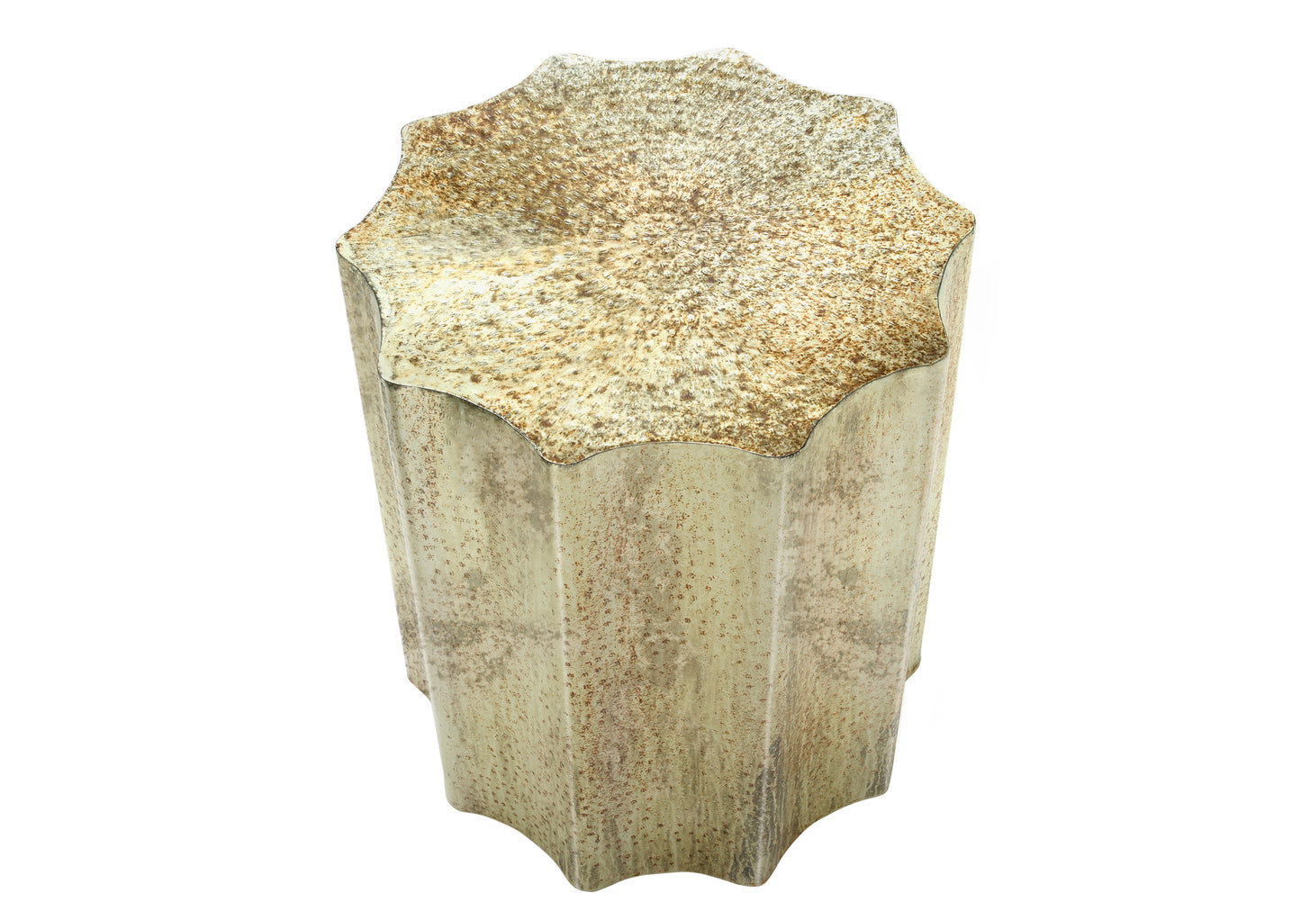 Distressed metal accent stool with starburst top and antique gold finish
