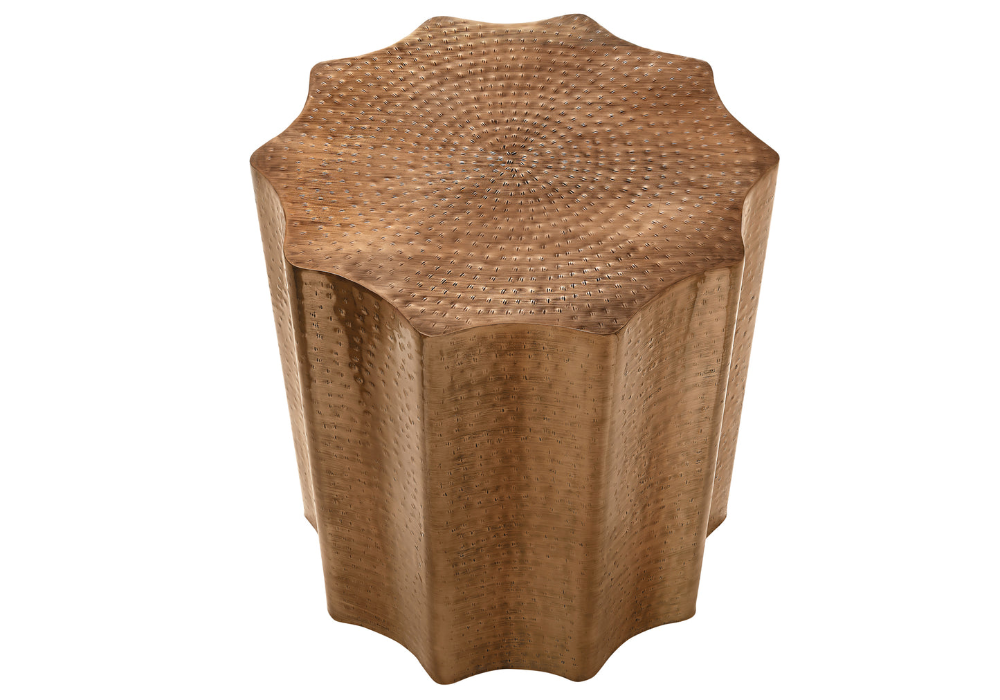 Hammered bronze starburst accent table with textured surface
