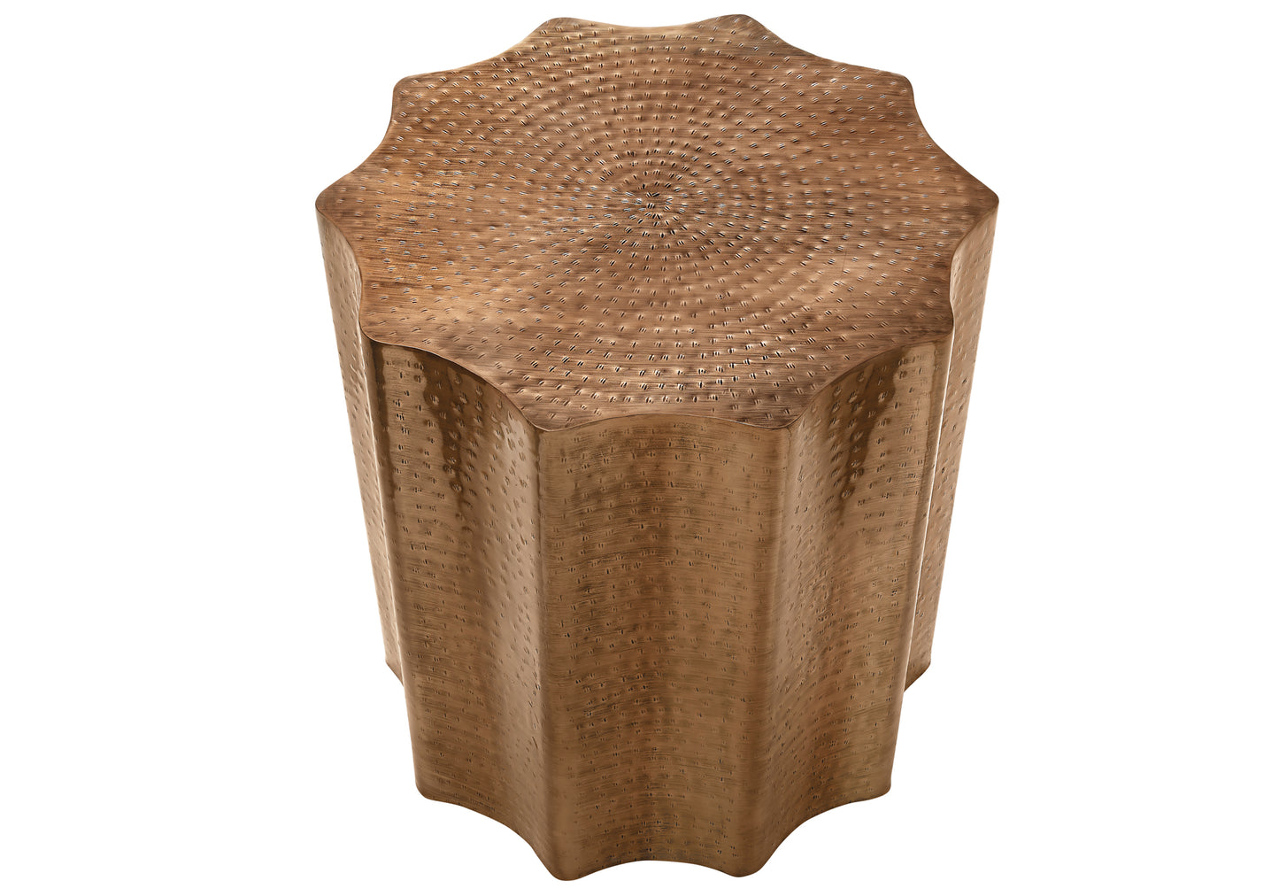 Antique bronze accent table with hammered starburst pattern on top and fluted sides