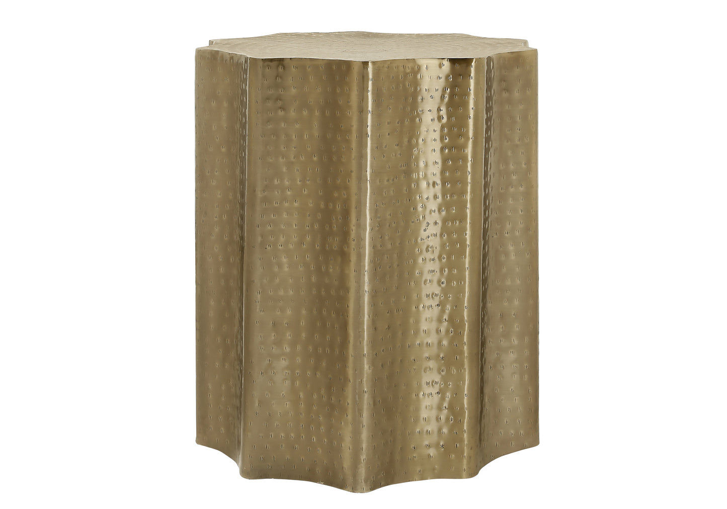Hammered antique brass hexagonal pedestal table with textured finish