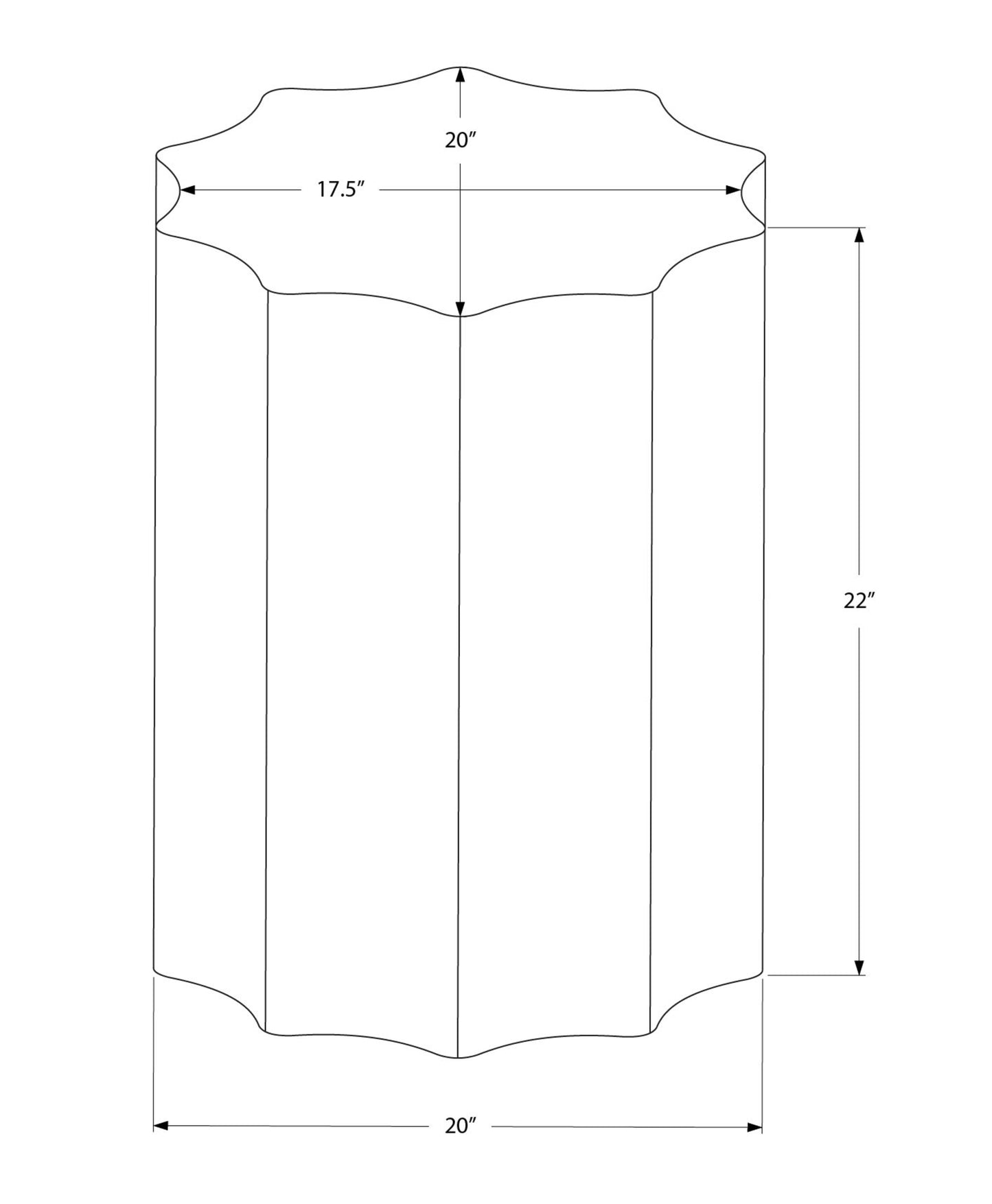 Blueprint of a scalloped accent table inches wide and inches tall with detailed dimensions