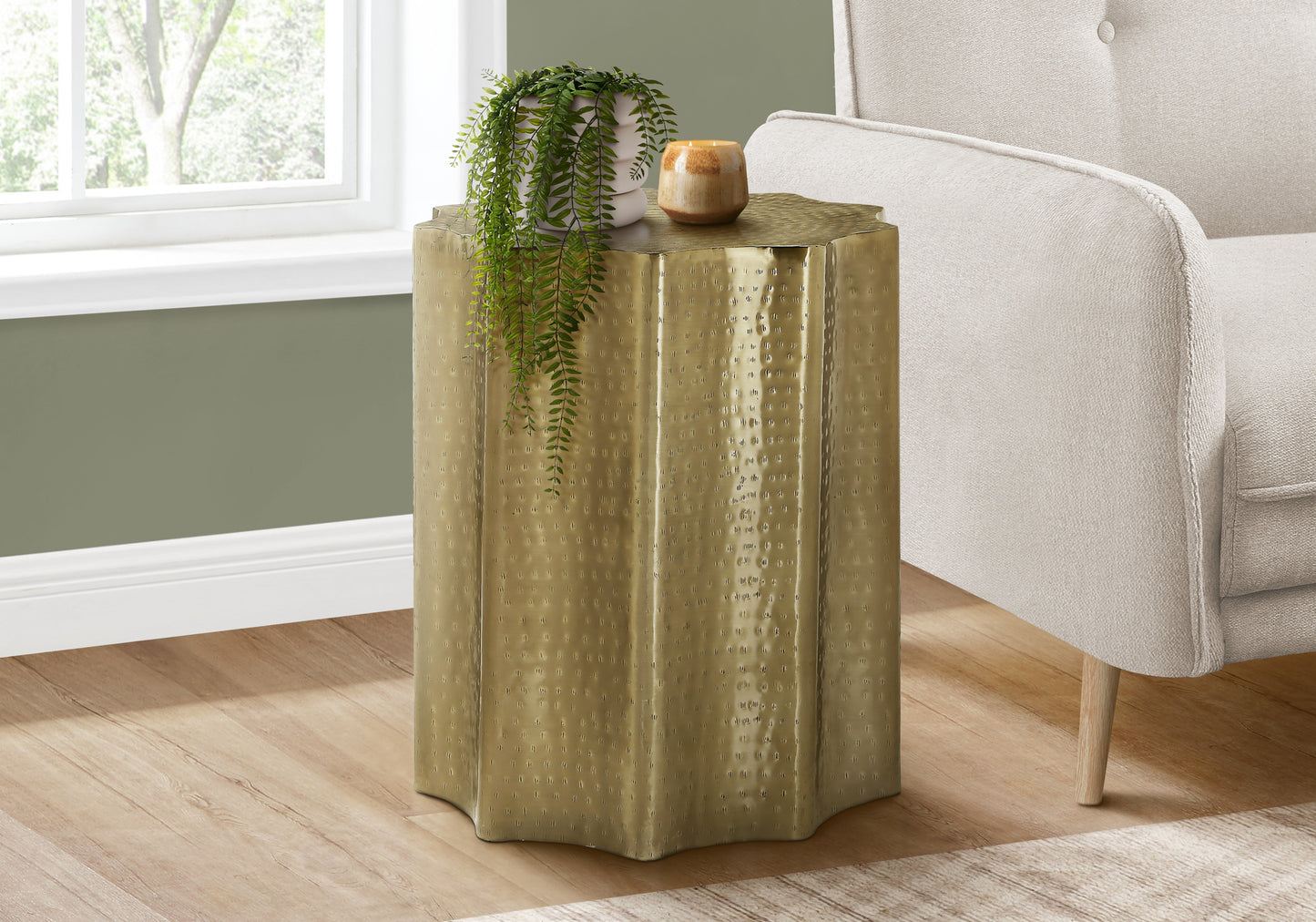 Hammered brass side table with starburst top perfect accent for living rooms