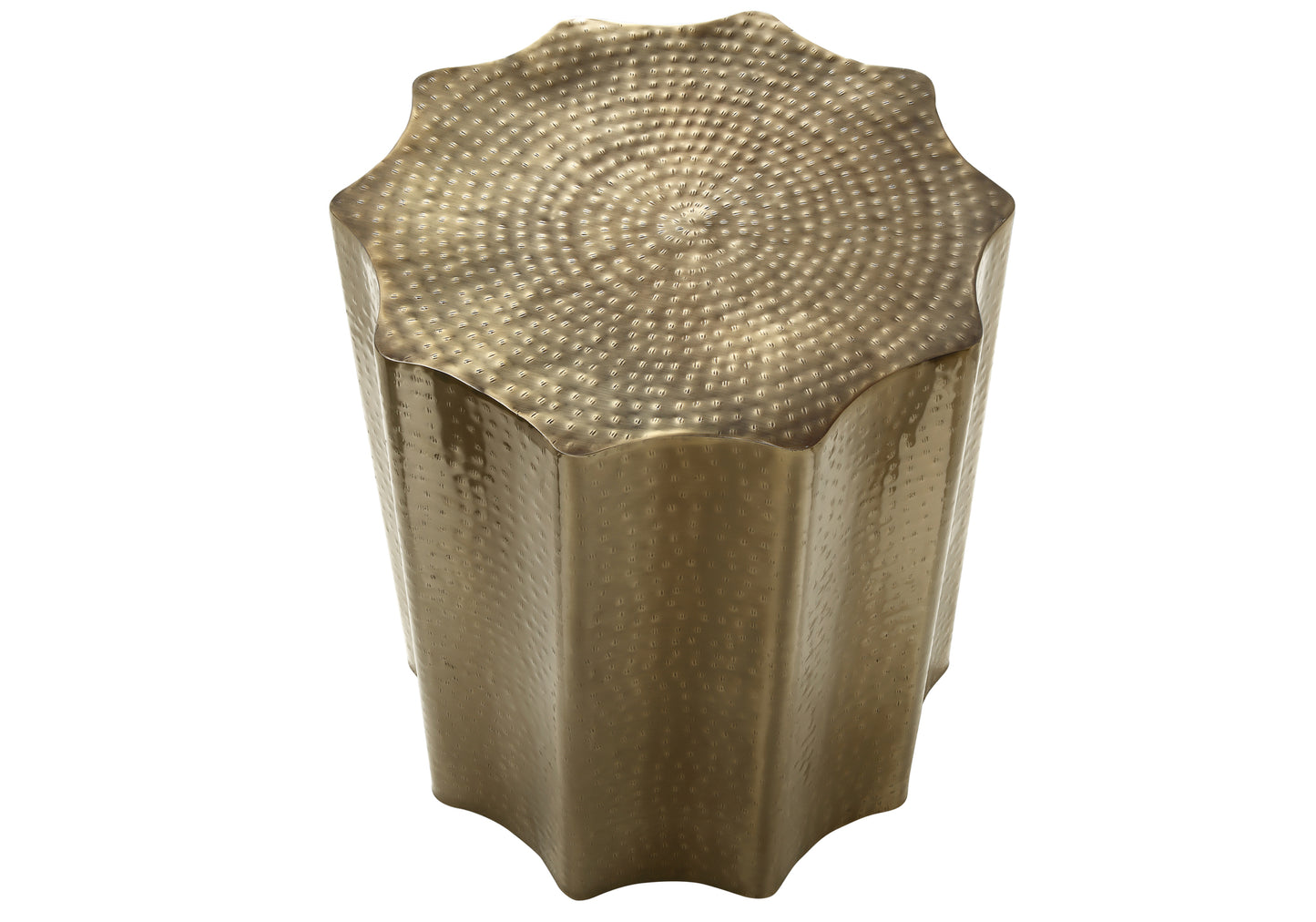 Hammered gold metal accent table with starburst pattern top