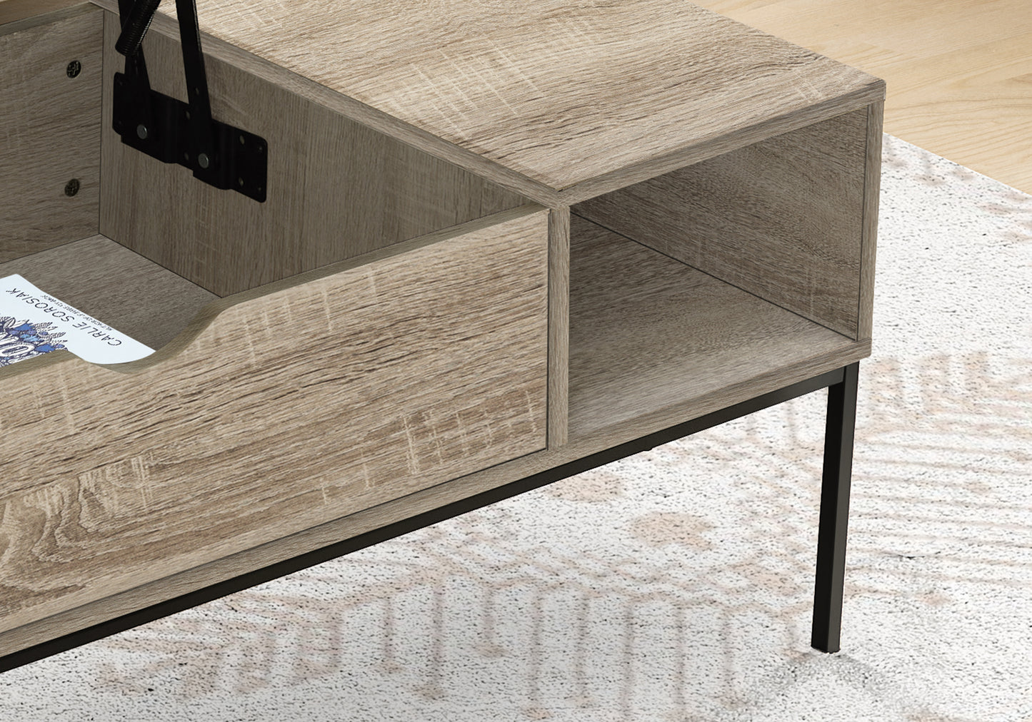 Lifttop coffee table in light wood grain finish with black metal legs