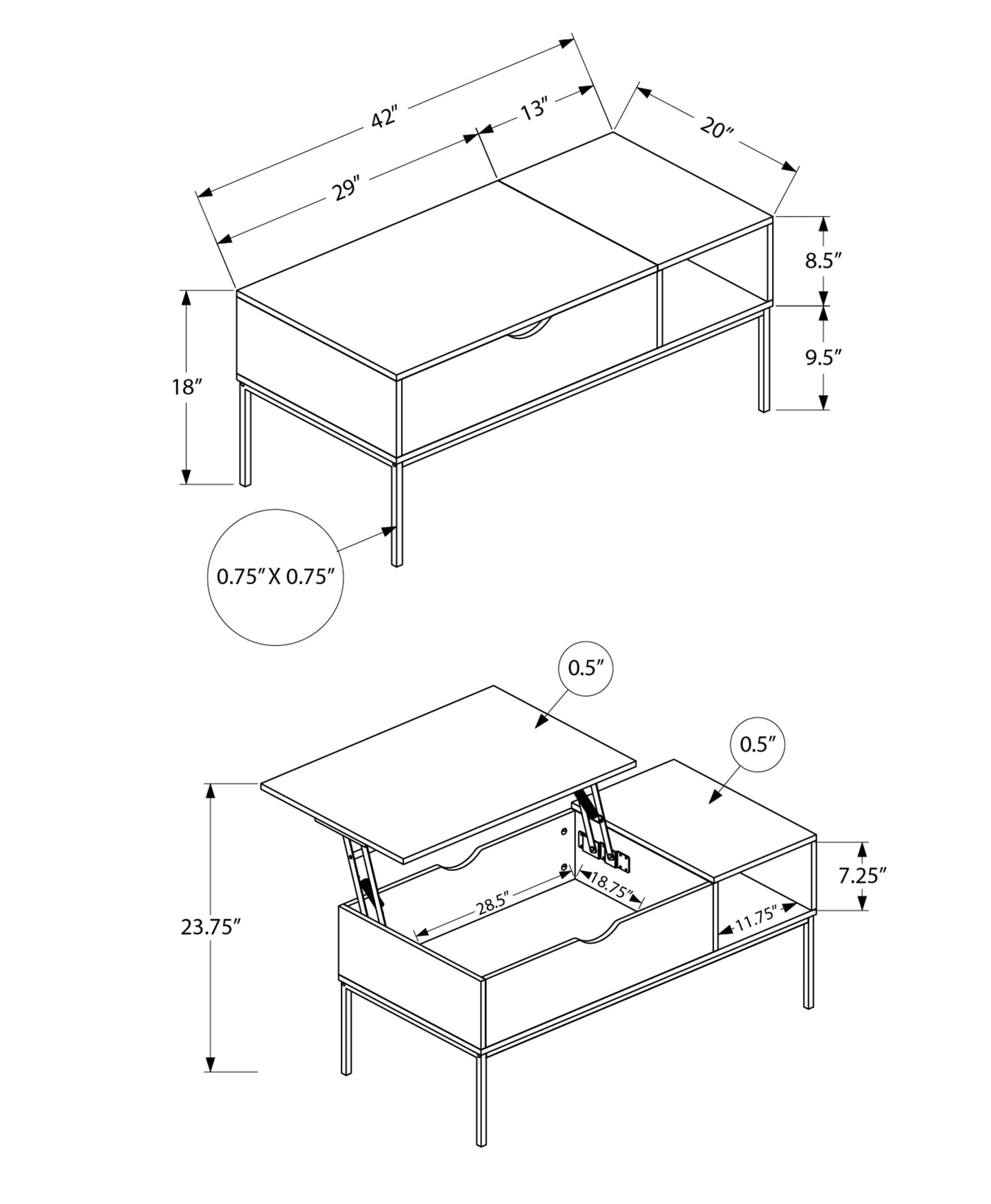 Technical drawing of a lifttop coffee table L x W x H