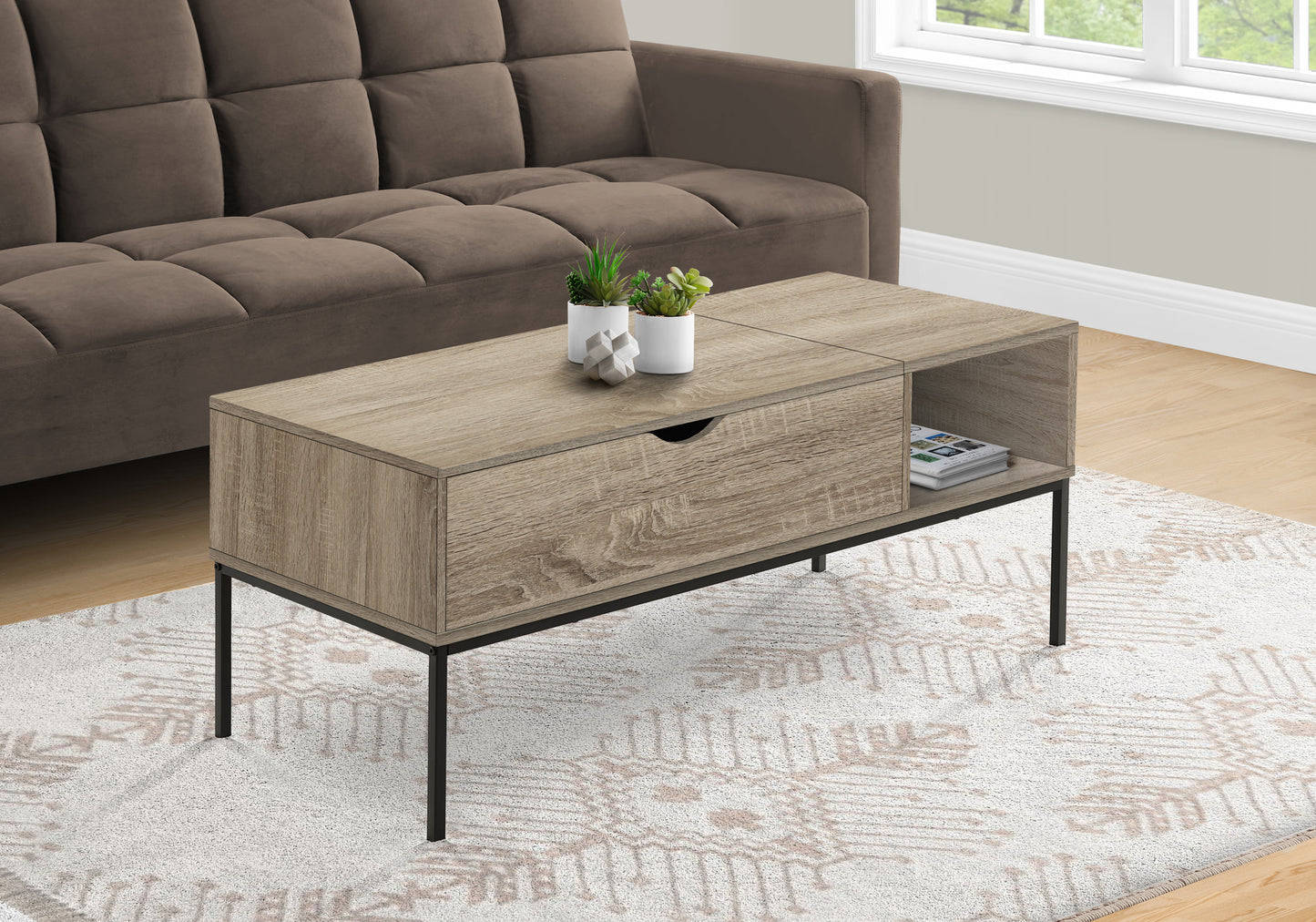 Modern oak finish coffee table with open storage shelf and drawer