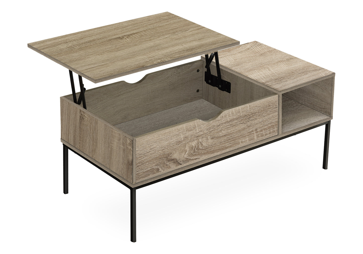 Modern lift top coffee table with natural wood finish and hidden storage space
