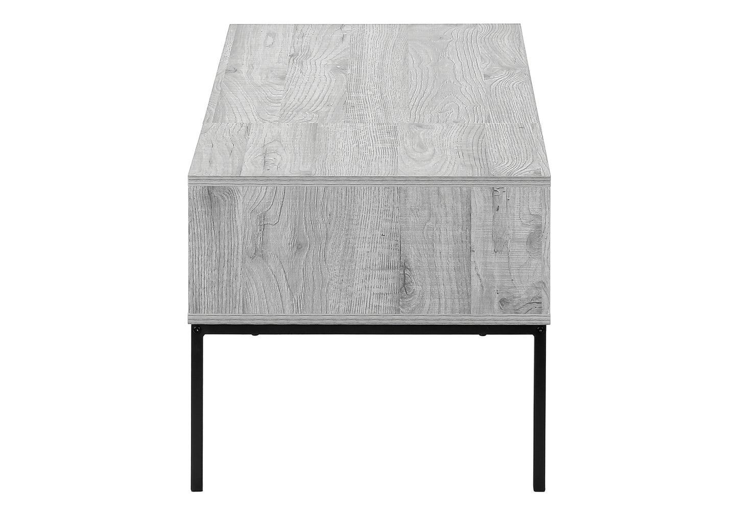 Modern grey wood accent table with black metal legs perfect for living rooms
