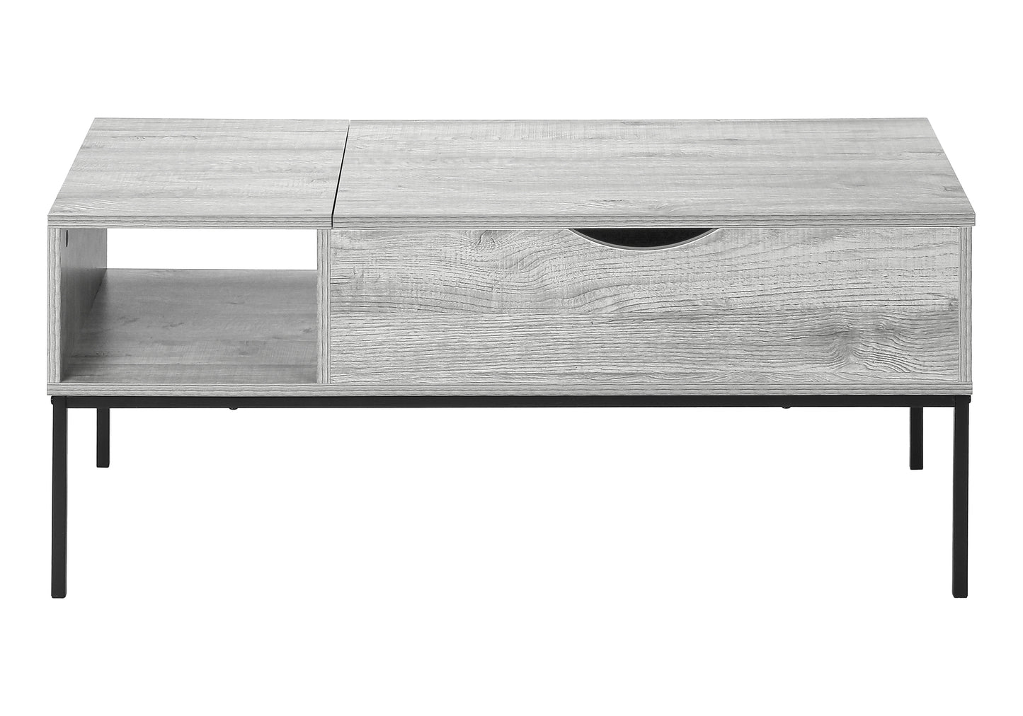 Modern grey wood coffee table with a drawer and open shelf for living room storage