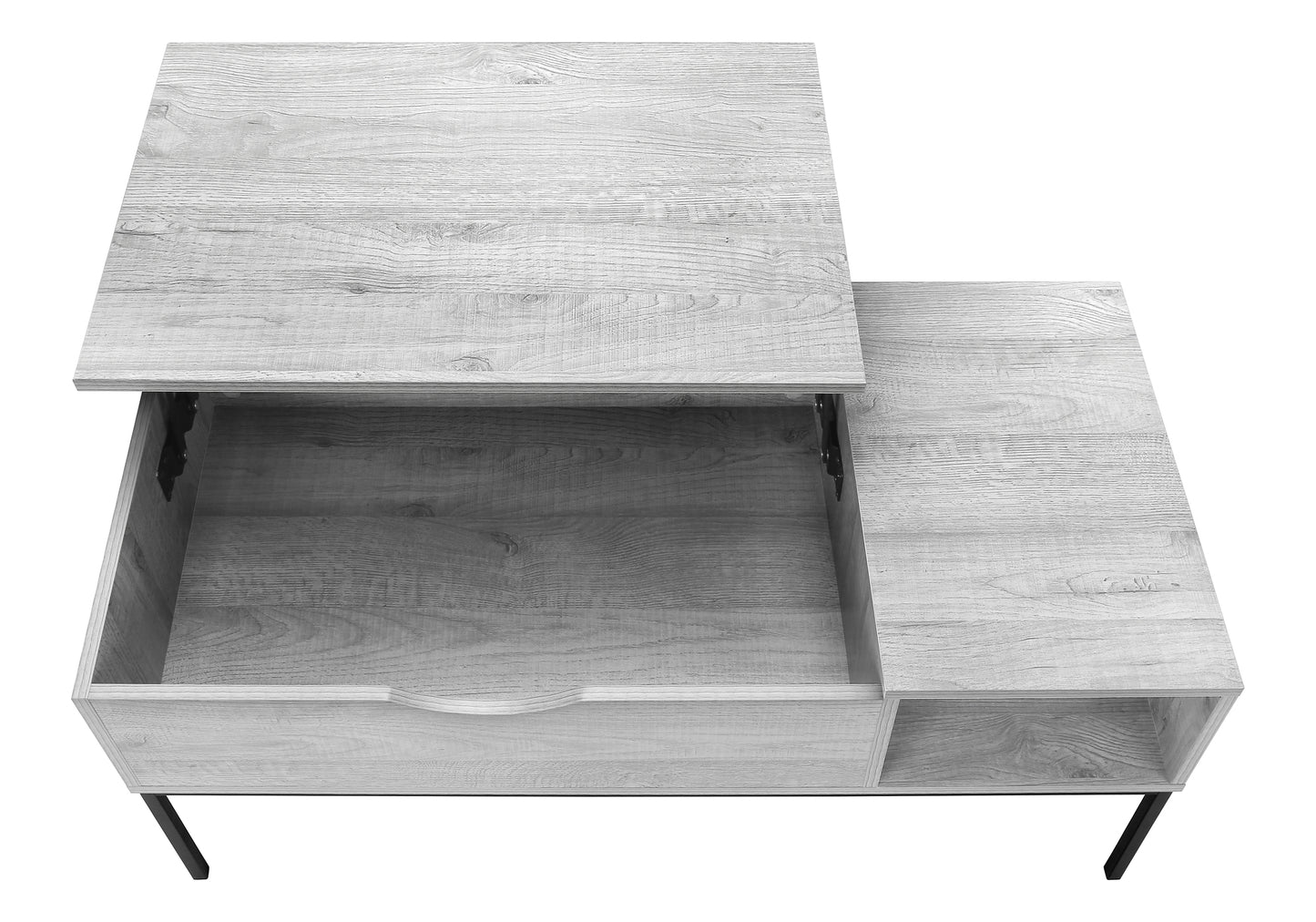Light grey wood lifttop coffee table with open storage compartment