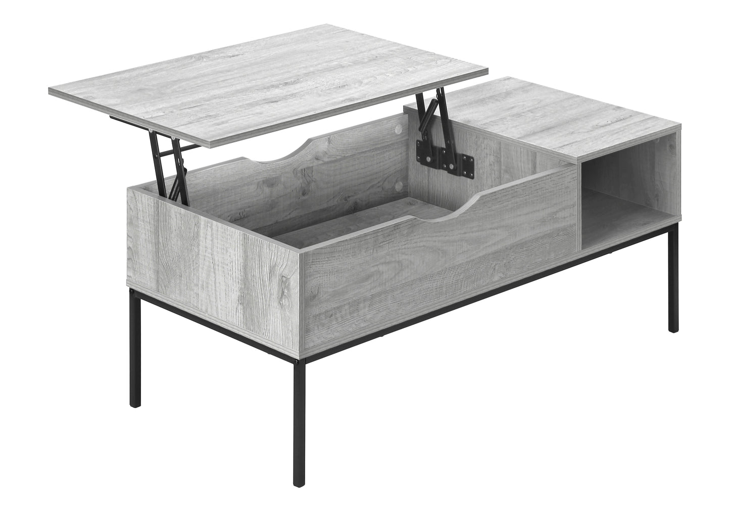 Lift top coffee table in grey wood grain finish with hidden storage compartment and black metal legs