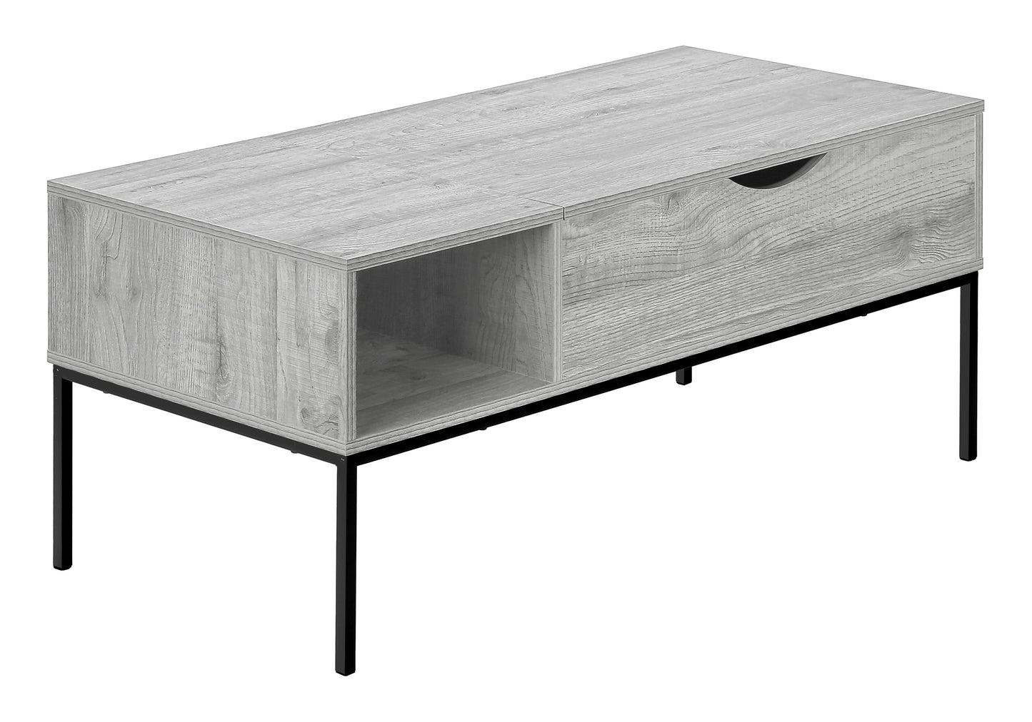 Light gray wood grain TV stand with one drawer and open shelf on black metal legs