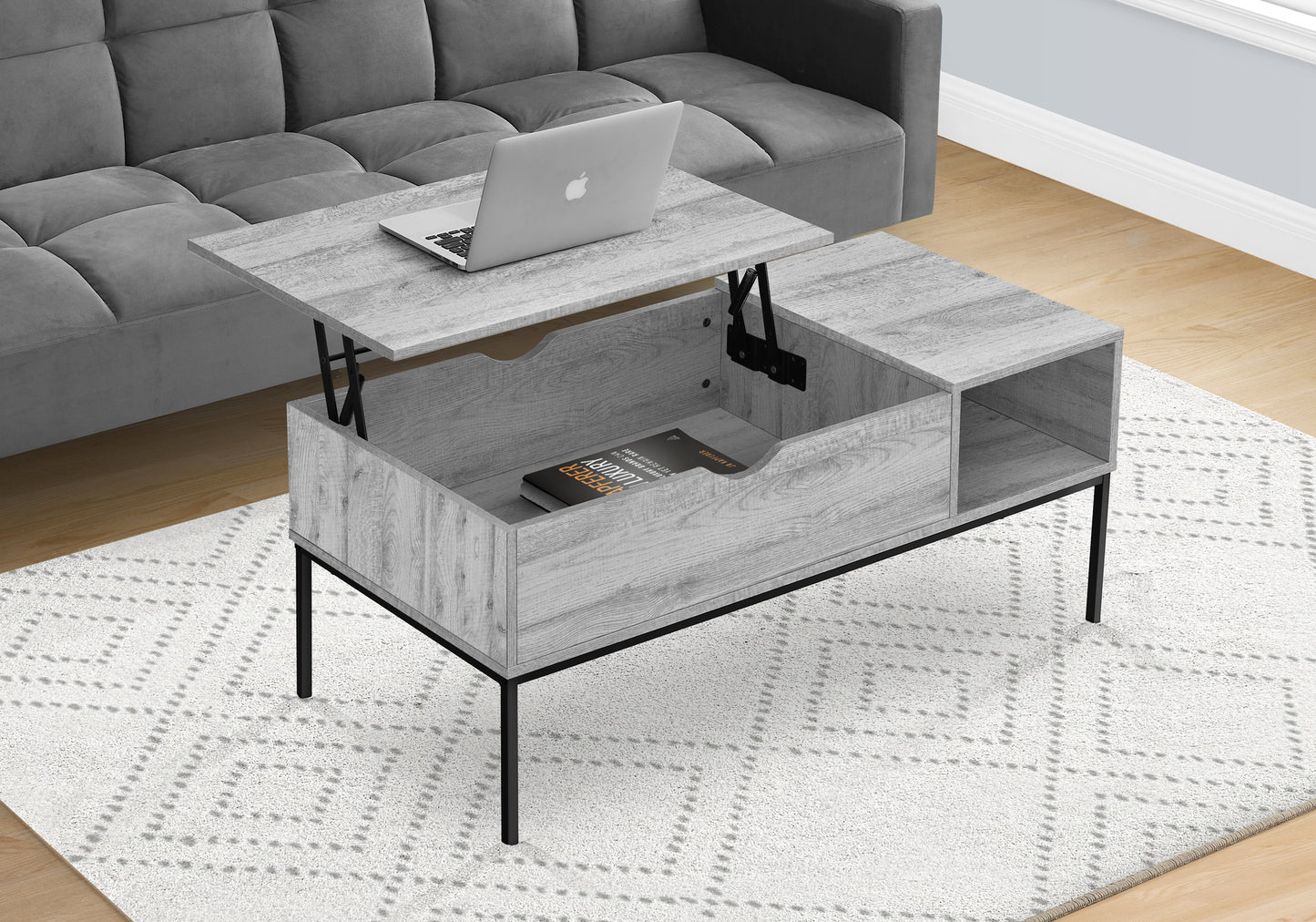 Grey wood lifttop coffee table with laptop and storage shelf
