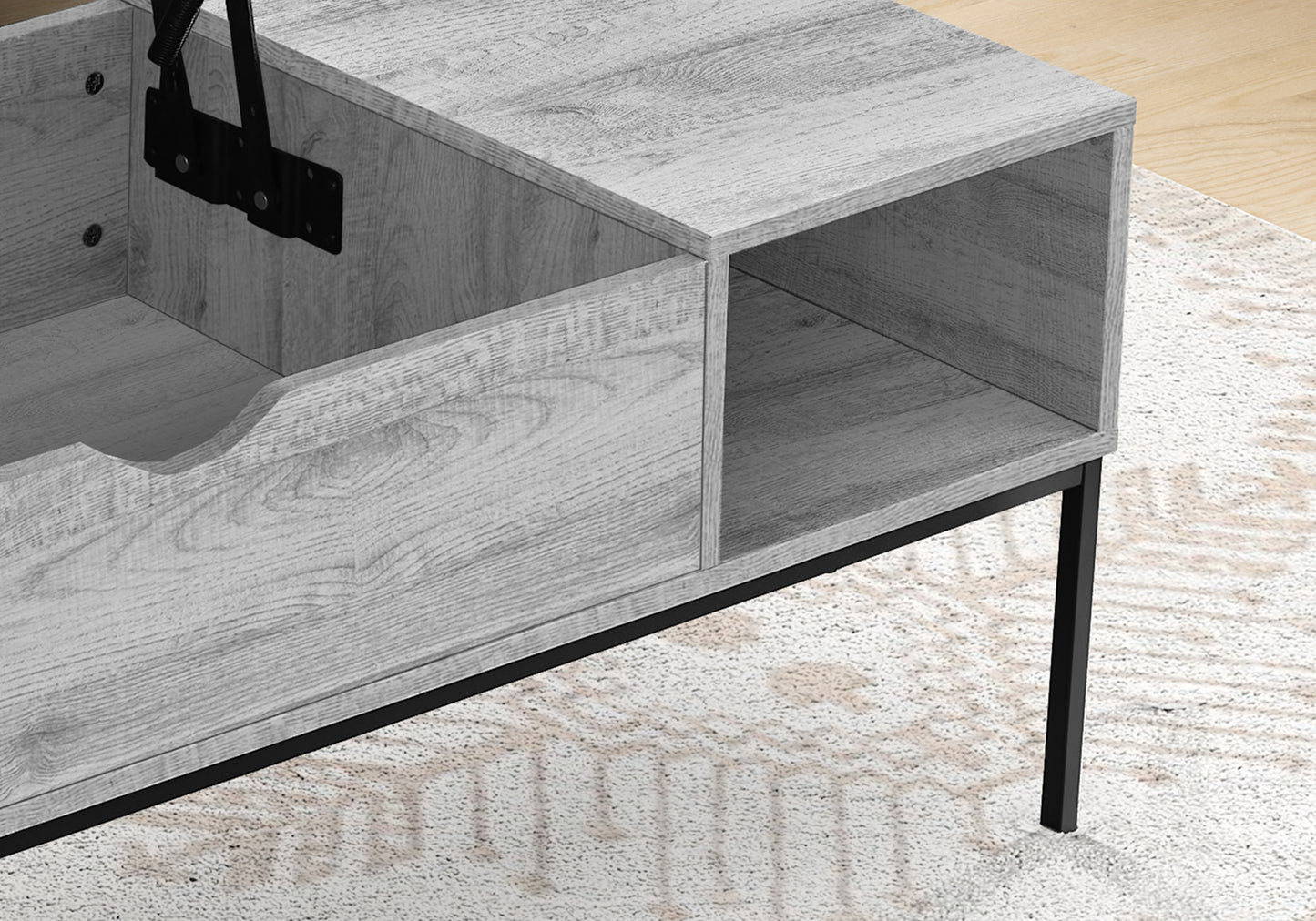 Lifttop coffee table with gray wood grain finish and black metal legs revealing storage