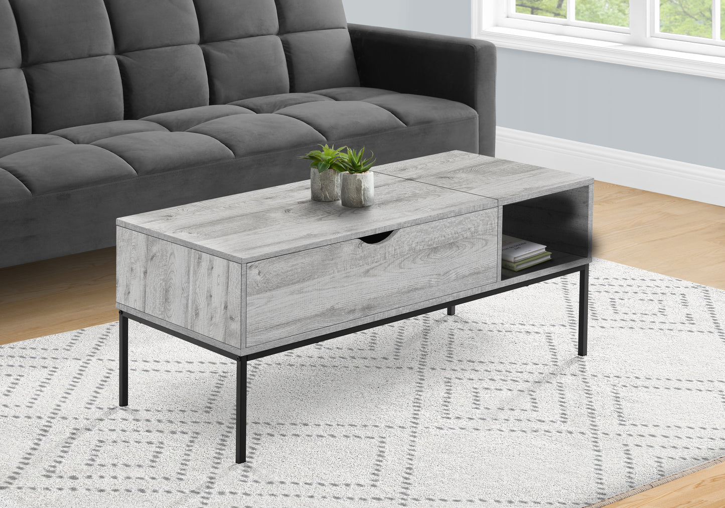 Modern grey wood coffee table with drawer and open shelf on black metal legs