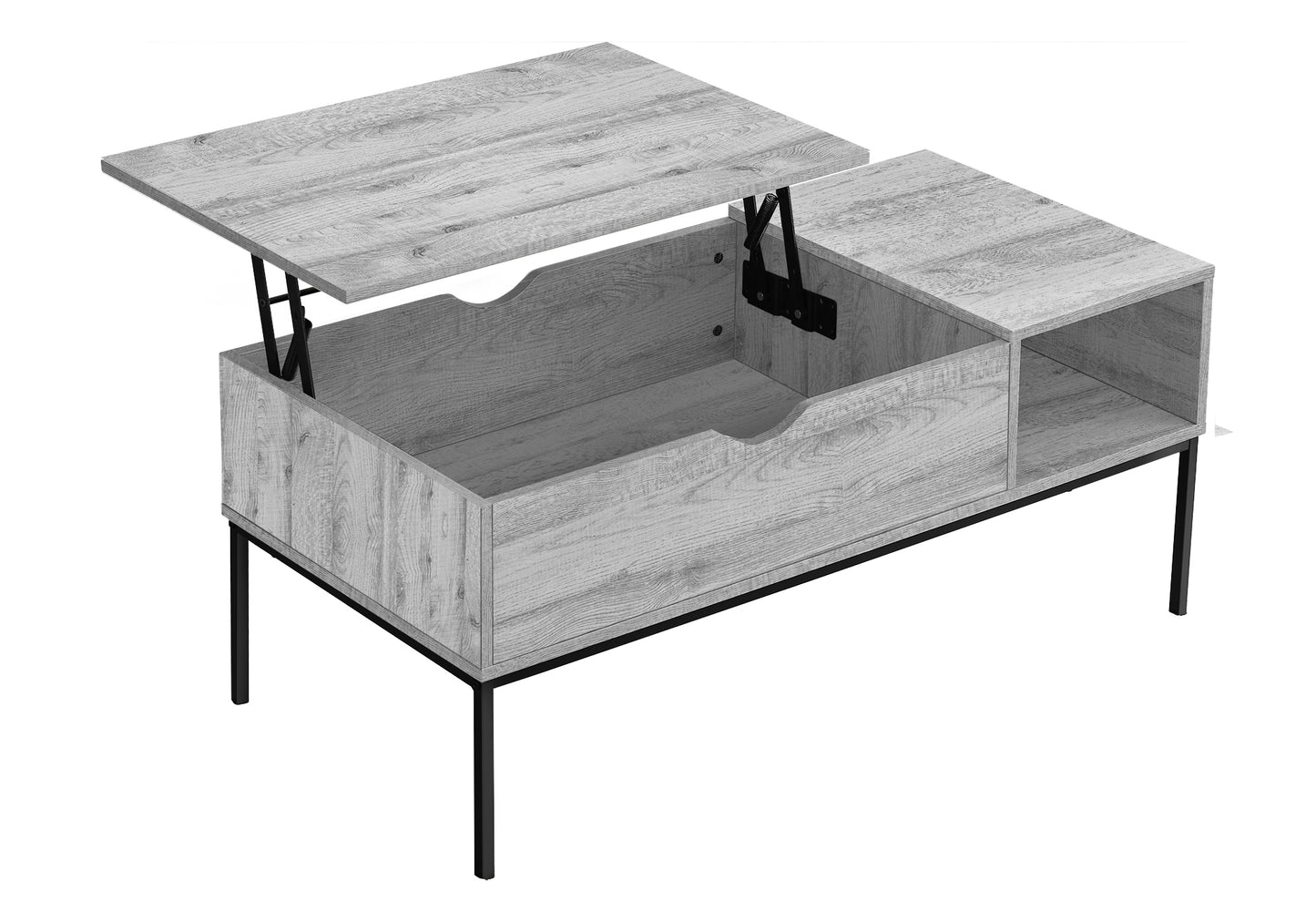 Lifttop coffee table in light wood grain with black metal legs and hidden storage