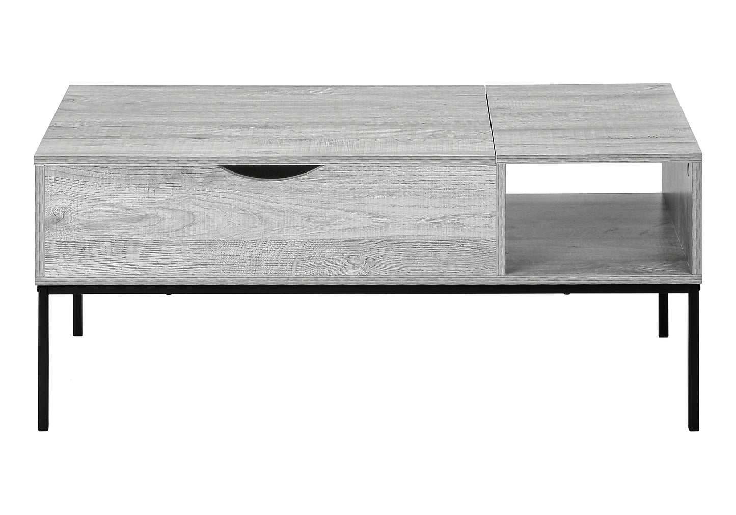 Modern grey wood coffee table with a single drawer and open shelf storage