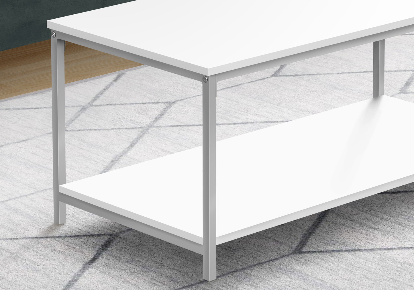 White coffee table with a metal frame and two shelves