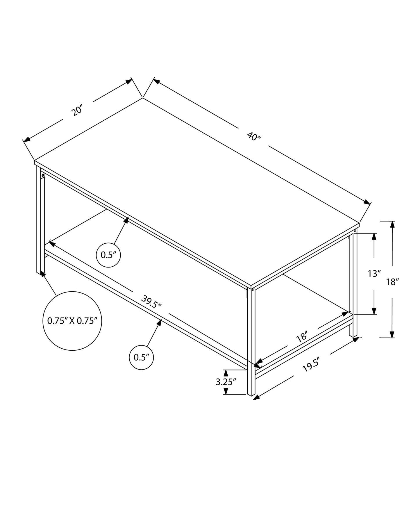 Dimensions diagram L x W x H coffee table with clearance