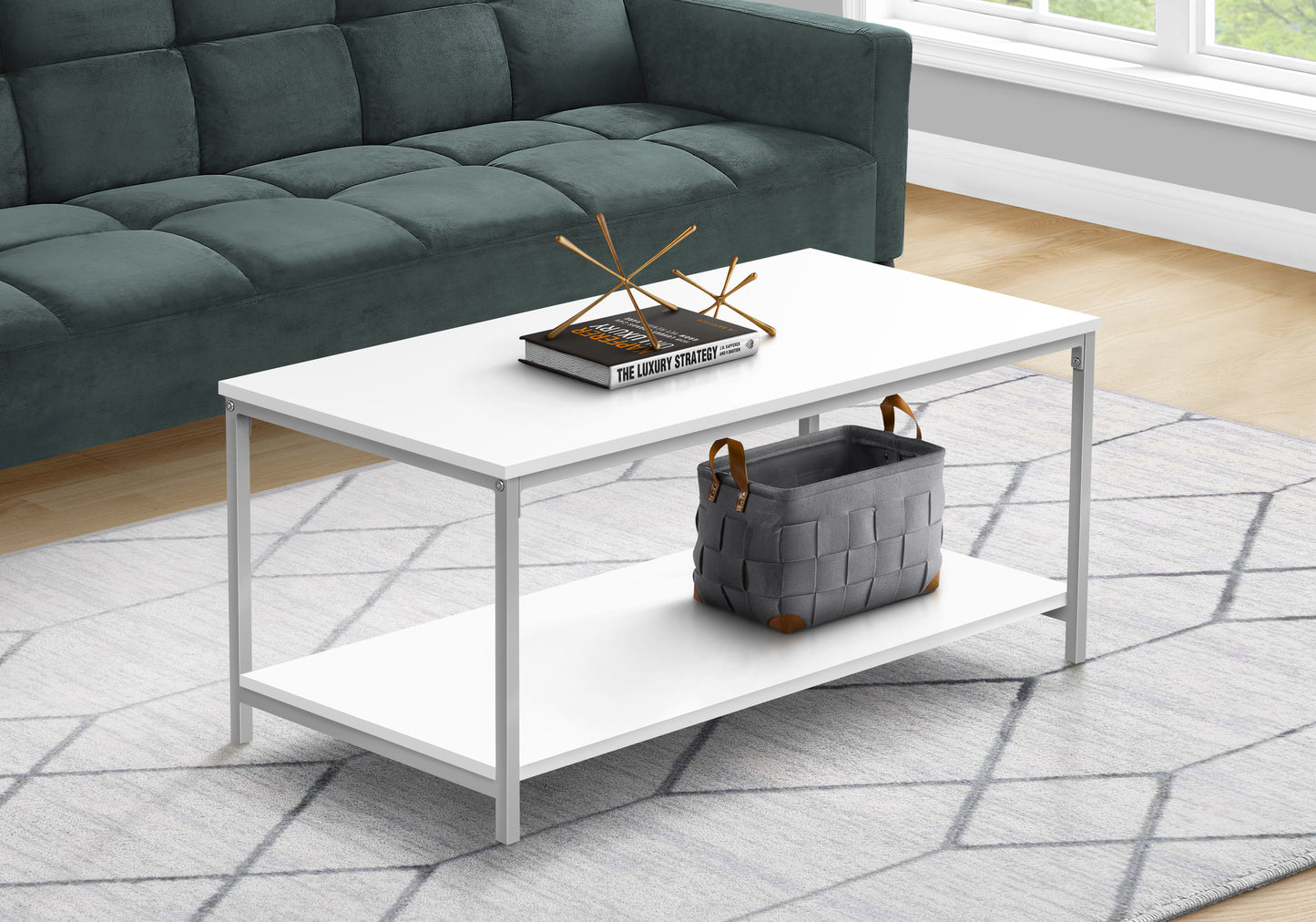 White twotier coffee table with metal frame and basket storage