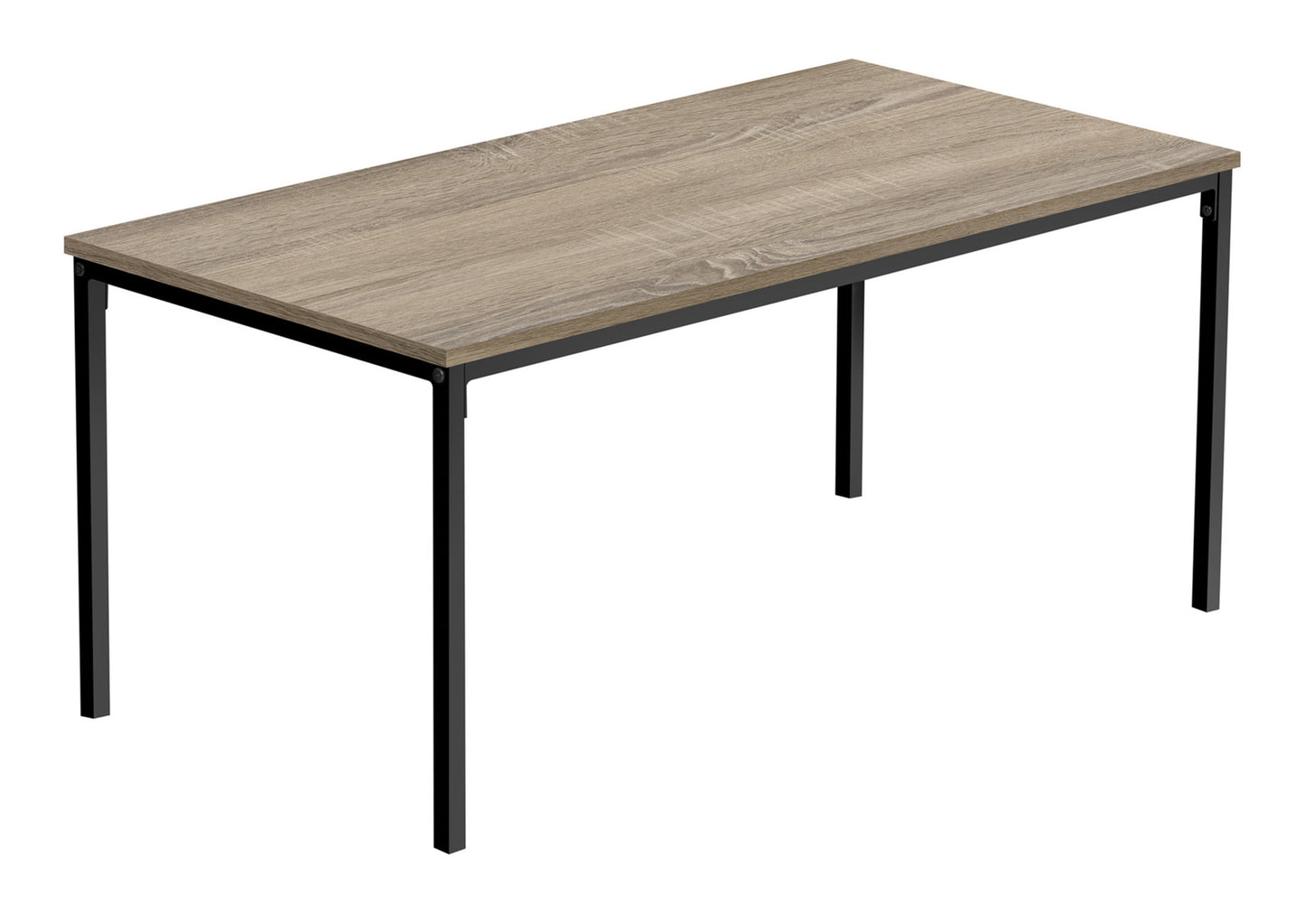 Modern wood grain desk with black metal frame for home office use
