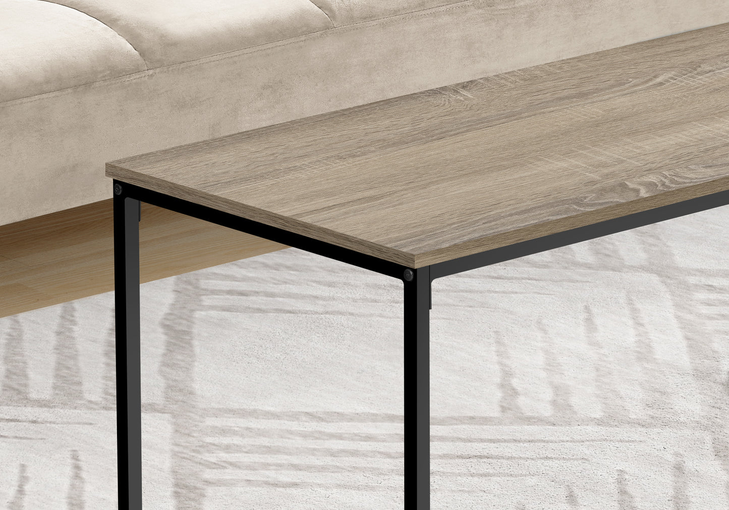 Light oak console table with black metal legs modern design
