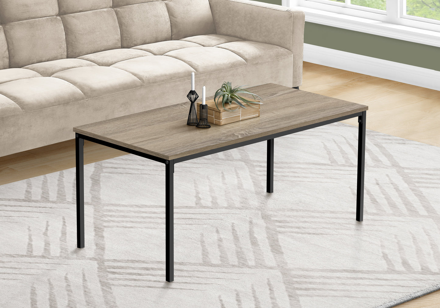 Rustic wood grain coffee table with black metal legs and modern minimalist design