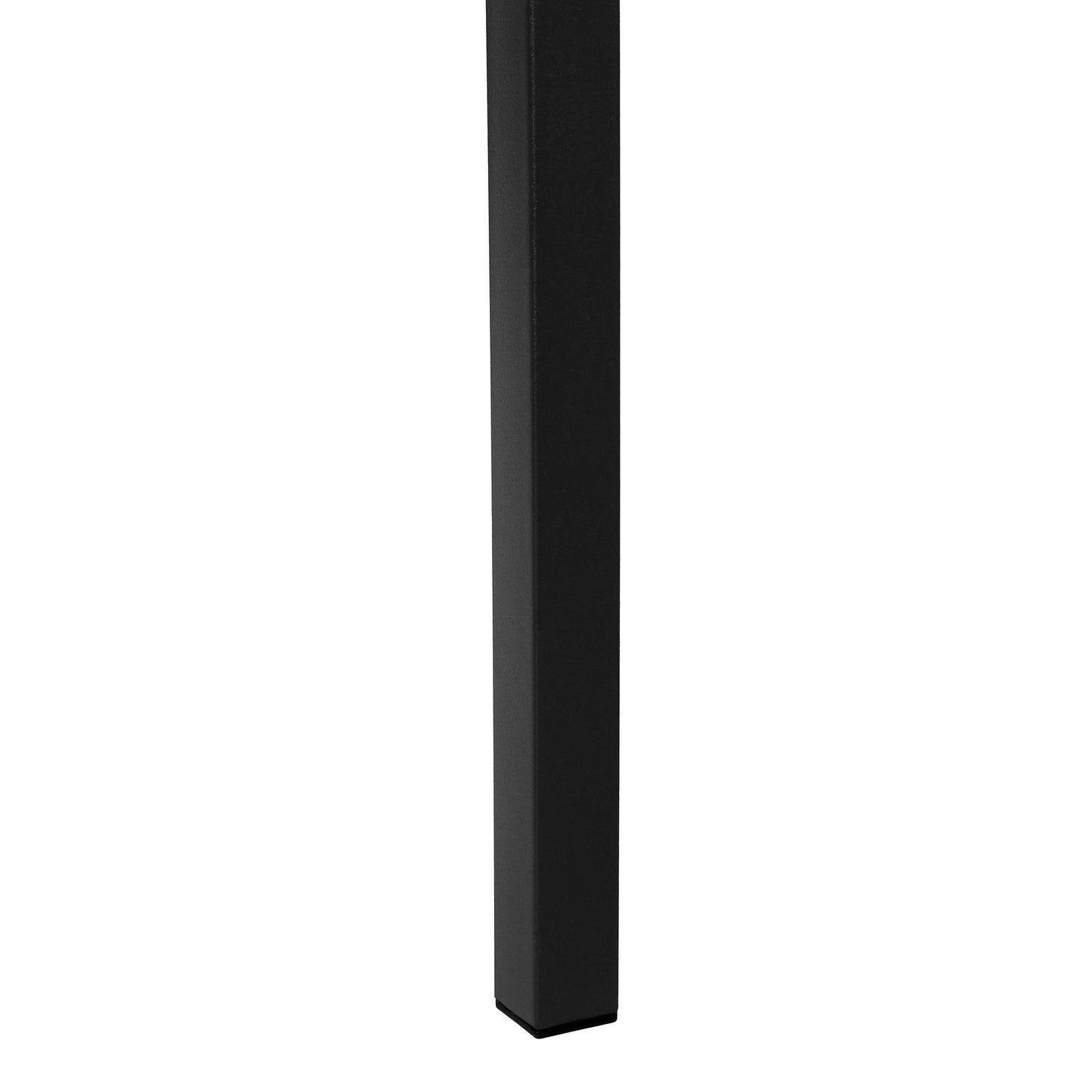 Closeup of a square black metal furniture leg with a matte finish