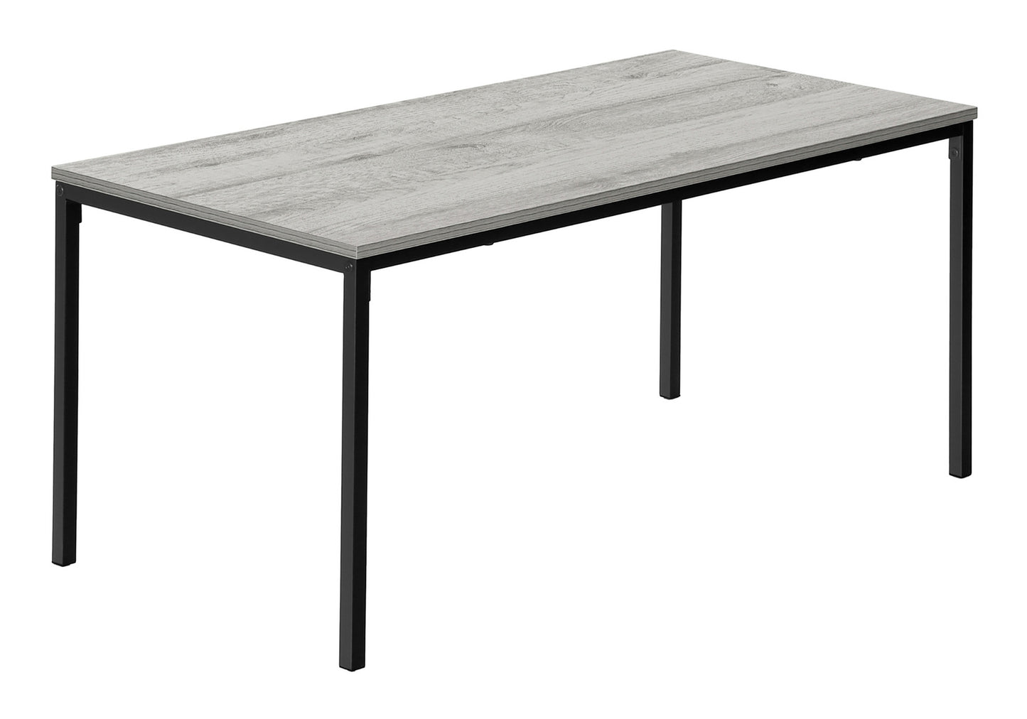 Modern gray wood grain writing desk with black metal legs for home office setup