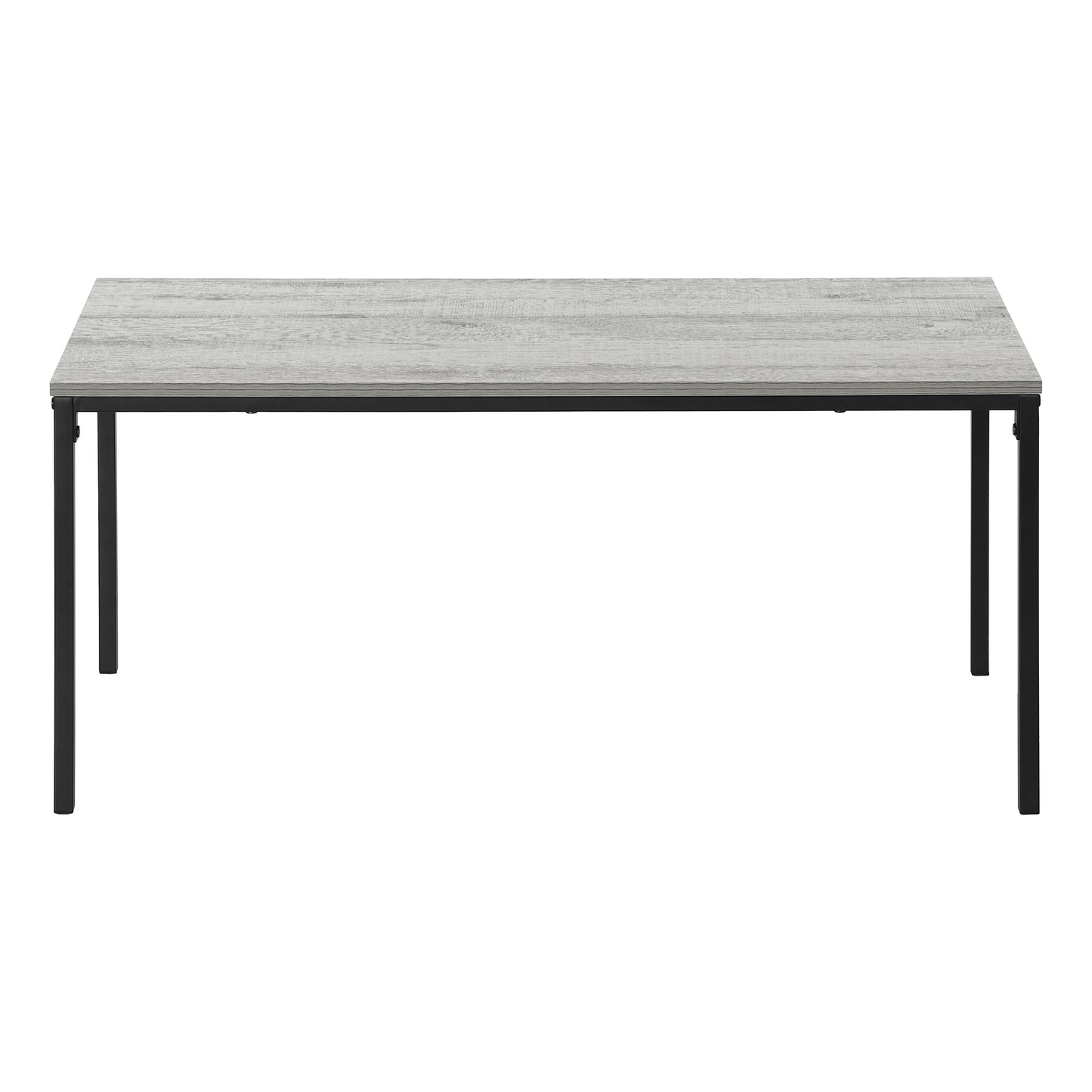 Industrial style dining table with grey wood grain top and black metal legs