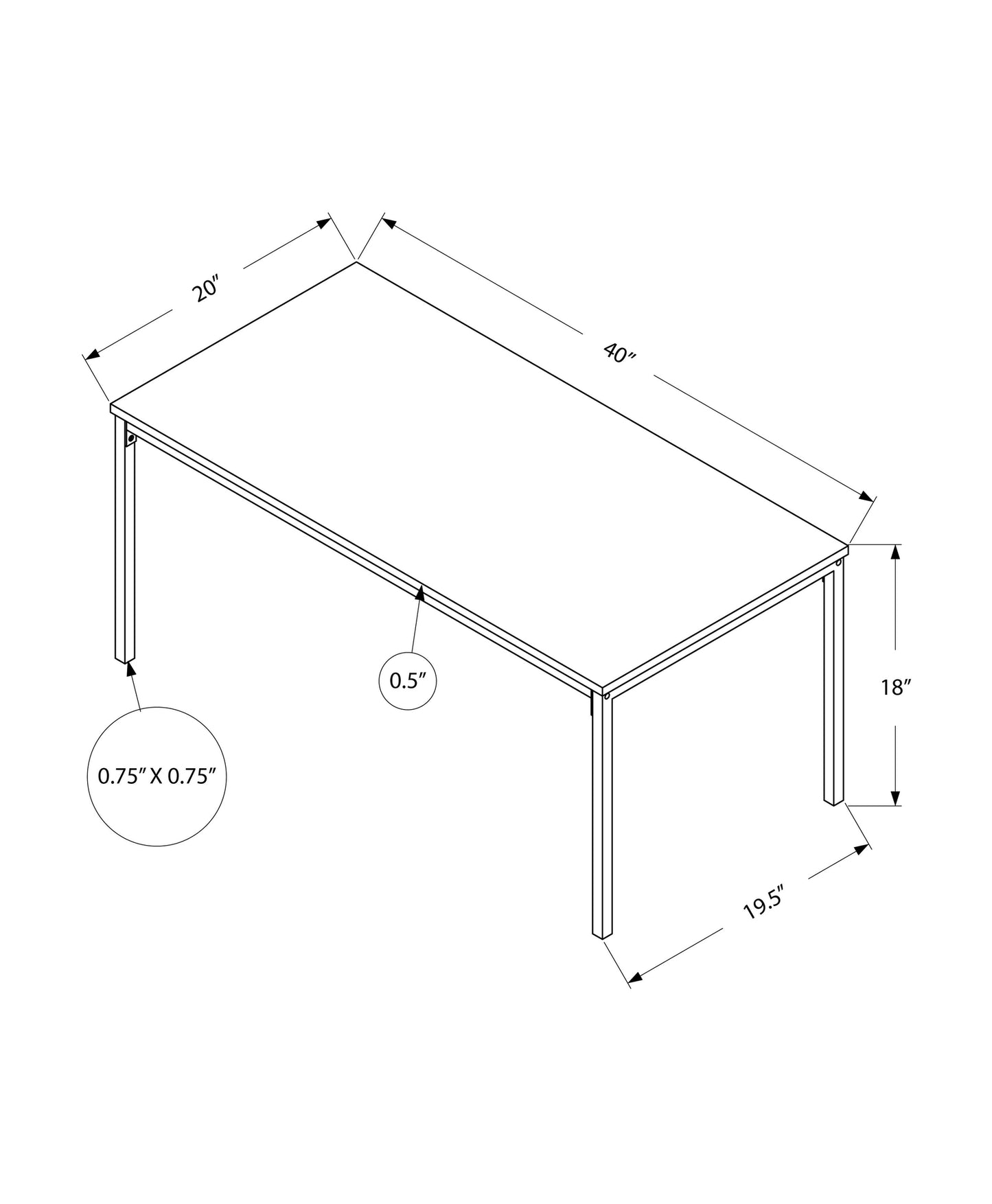 Diagram of a inch long inch wide and inch high dining table with inch thick top