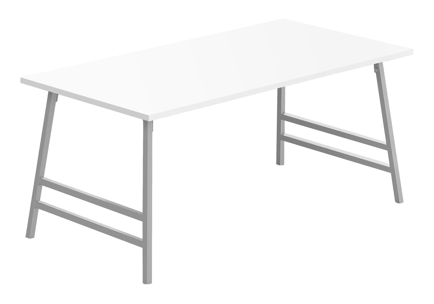 White minimalist desk with silver metal legs perfect for home offices