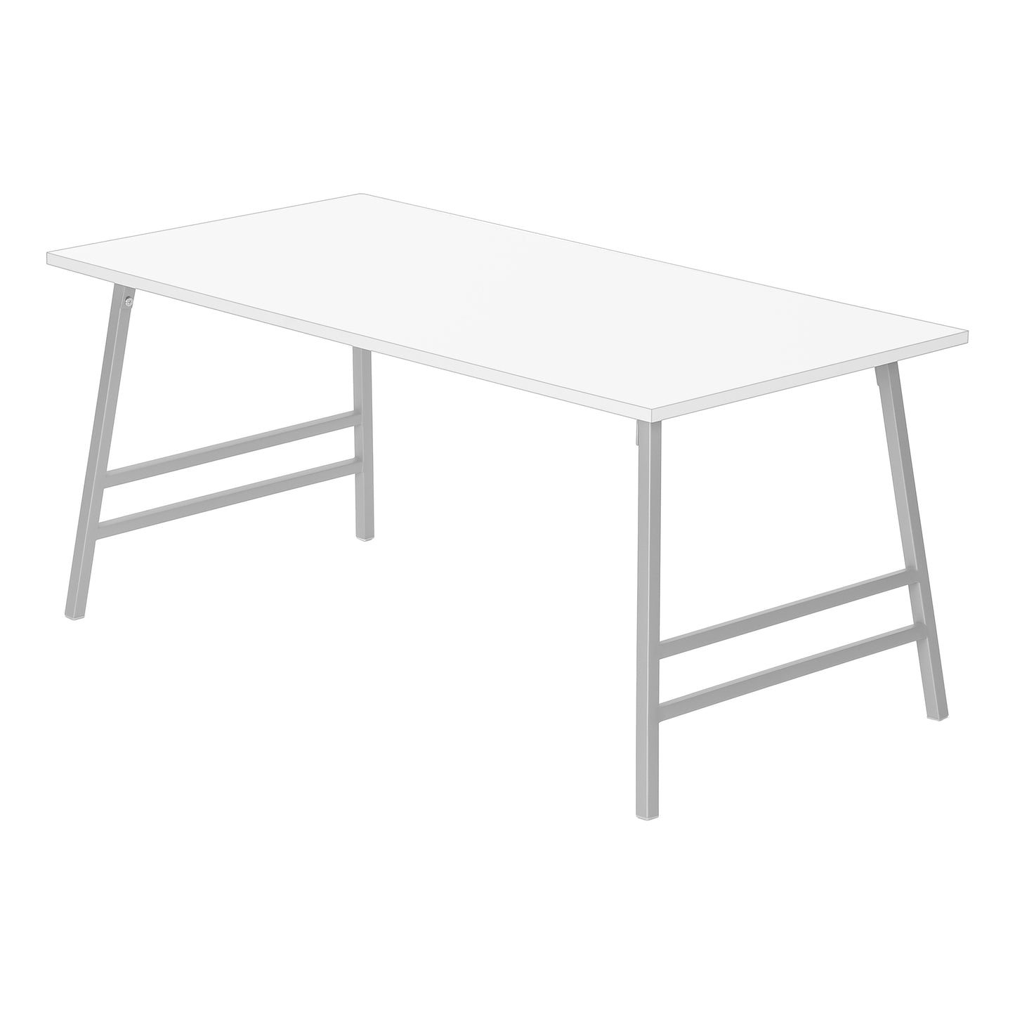 White rectangular dining table with silver metal legs