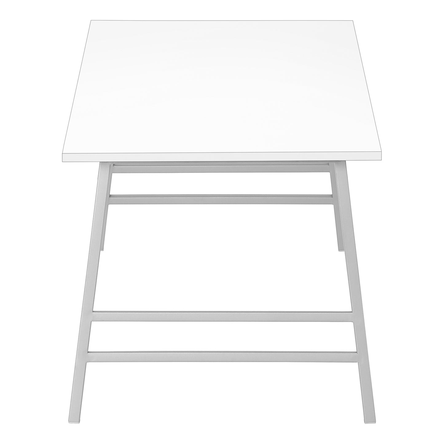 Modern white minimalist desk with silver metal legs for home office setup