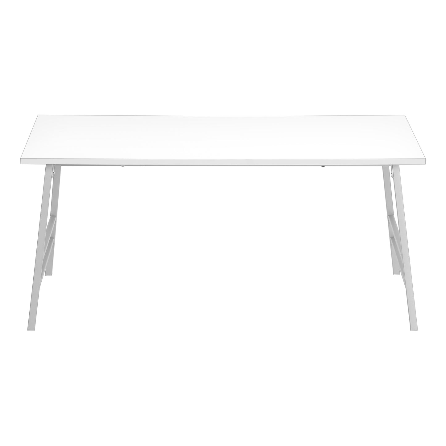 Minimalist white desk with modern silver metal legs perfect for home offices