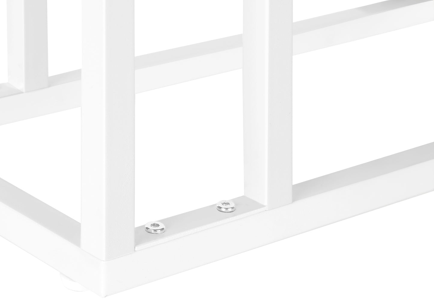 Closeup of white metal shelf support bracket with visible silver screws