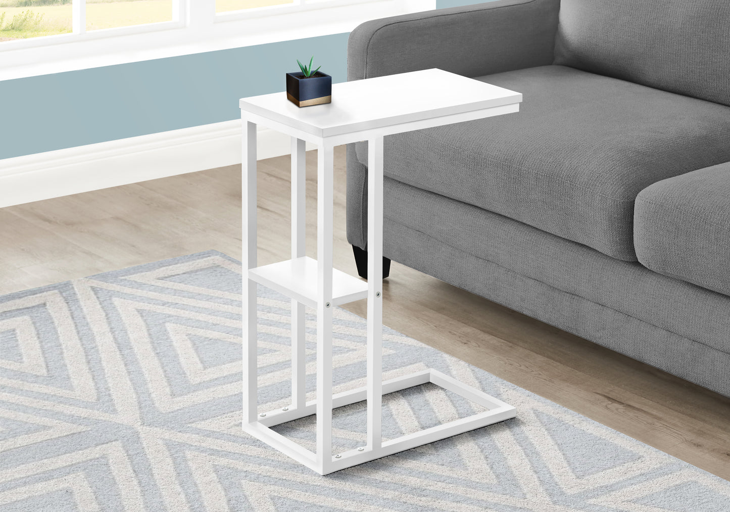 White metal Ctable with shelf perfect for small living spaces