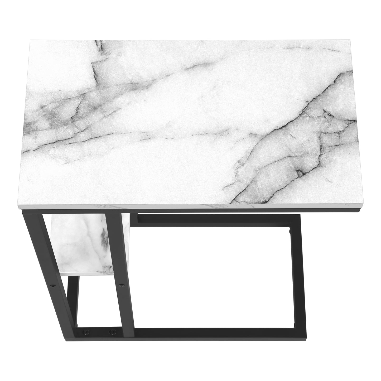 White marble top coffee table with black metal frame and open shelf