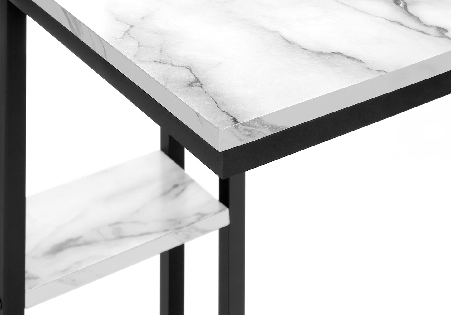 Modern faux marble top accent table with black metal frame and shelf