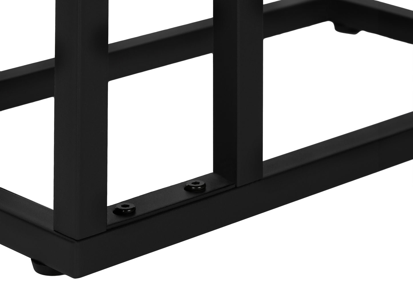 Black metal shelf frame with visible support screws and rectangular tubing