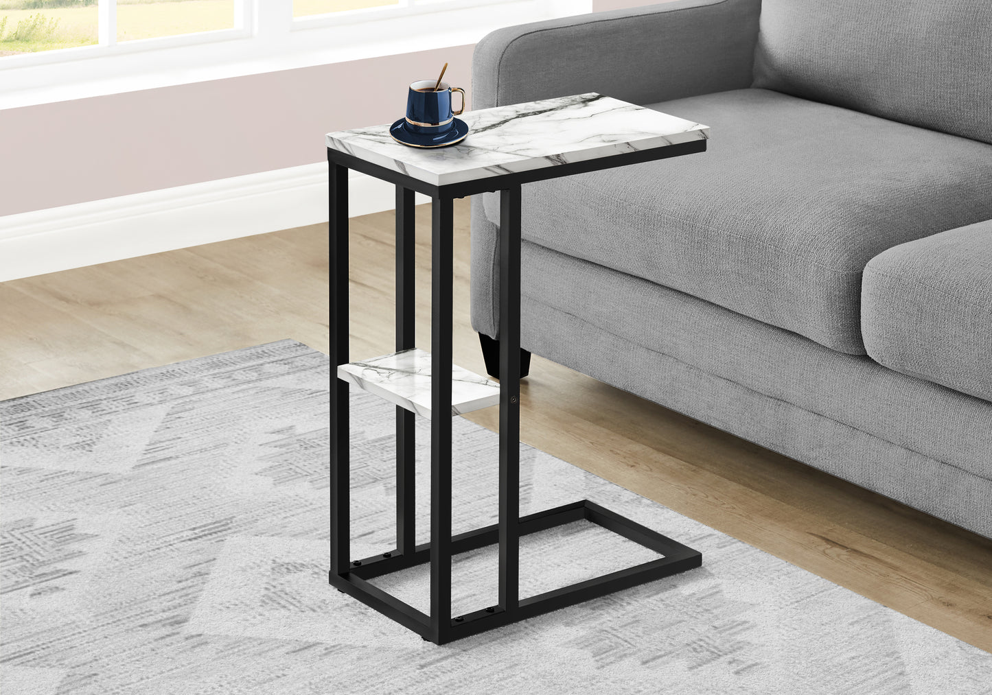 Marble top c table with black metal frame perfect for small spaces