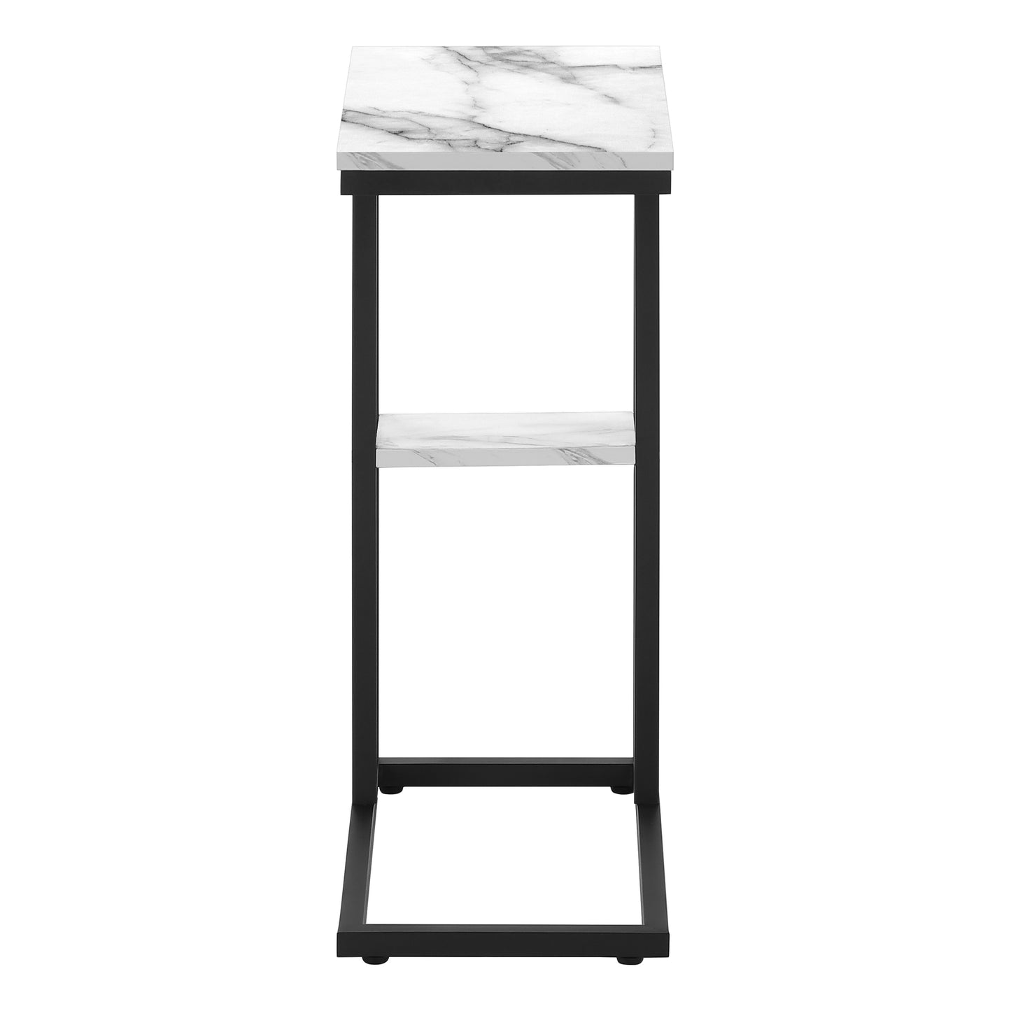 Modern Cshaped accent table with faux marble top and shelf on black metal frame
