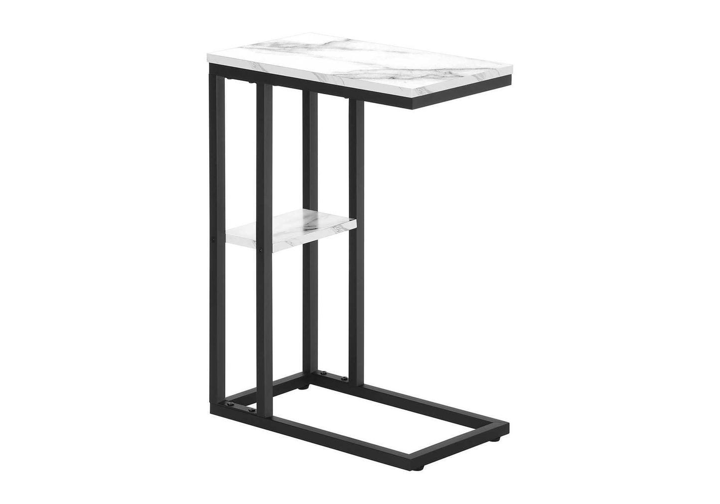 Modern C table with faux marble top and black metal frame perfect for living rooms