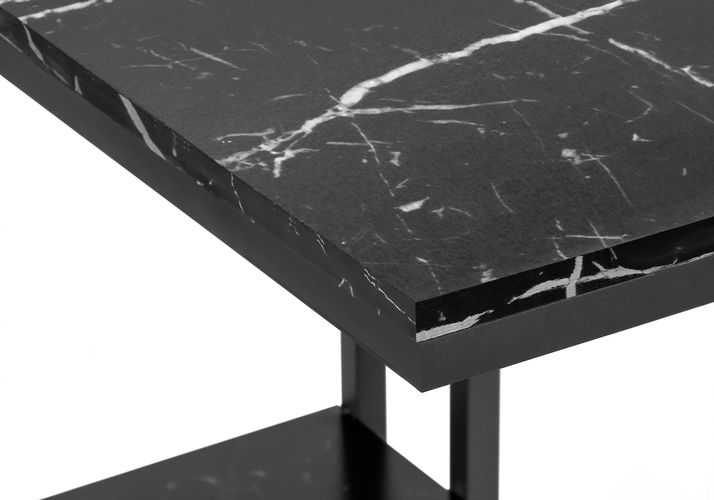 Black marble side table with sleek metal legs and shelf modern design